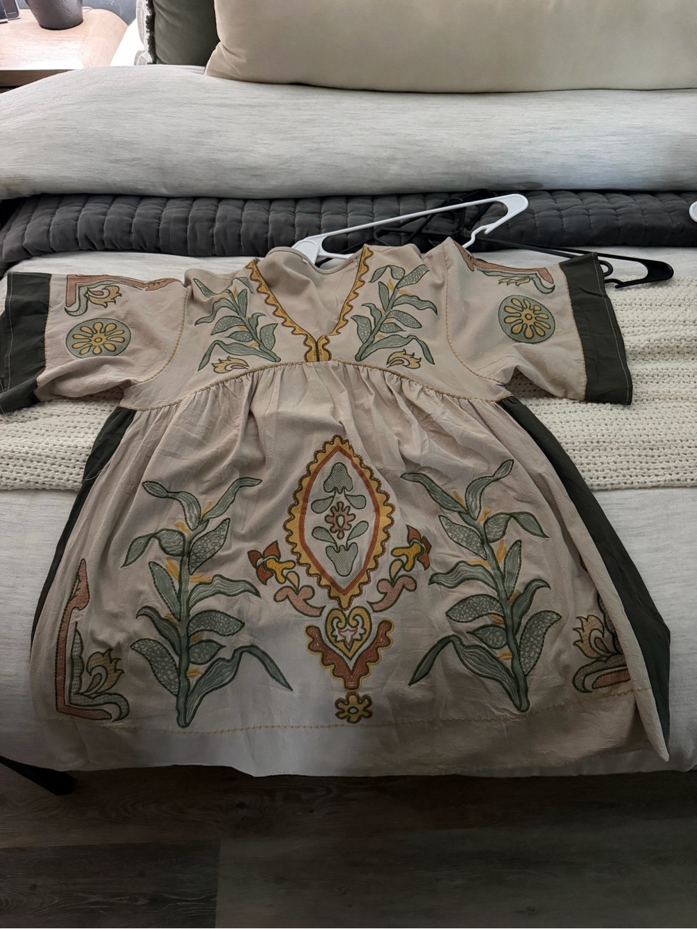 Amazon Beige Dress with Olive & Mustard Embroidery - Boho Casual